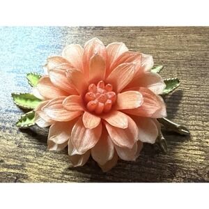 Vintage Peach Dahlia Brooch  1960s Enamel, Lucite Resin, Gold Tone Large 3.5 in
